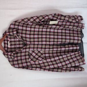 Pie in the Sky Red Tan Plaid Button Up Long Sleeve Graphic Back 1x NWT